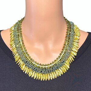 Statement Beaded Fringe Necklace Toggle Clasp Green Brown Blue Beads